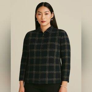 Style & Co. Collection Boucle Plaid Zipper Front Jacket Black White 14